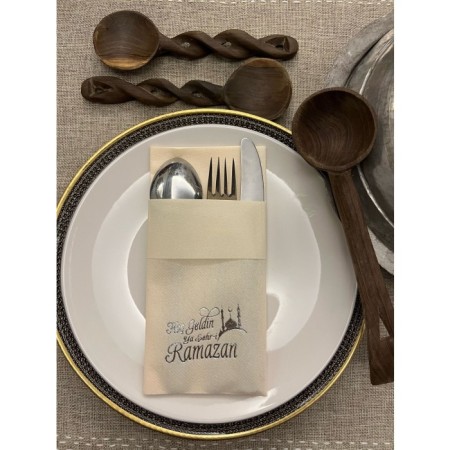 Gümüş Yaldızlı Kumaş Dokulu Hoş Geldin Ya Şehri Ramazan Krem Cepli Peçete 6 lı