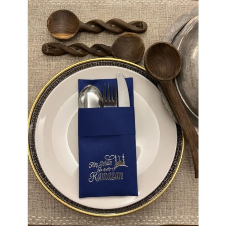 Gümüş Yaldızlı Kumaş Dokulu Hoş Geldin Ya Şehri Ramazan Lacivert Cepli Peçete 6 lı