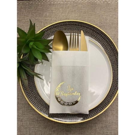 Gold Yaldızlı Beyaz Kumaş Dokulu İyi Bayramlar Cepli Peçete 6 Adet