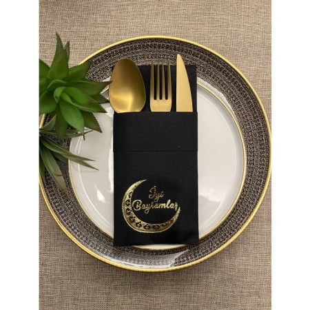 Gold Yaldızlı Siyah Kumaş Hissi Dokulu İyi Bayramlar Cepli Peçete 6 Adet