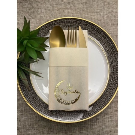 Gold Yaldızlı Krem Kumaş Dokulu İyi Bayramlar Cepli Peçete 6 Adet