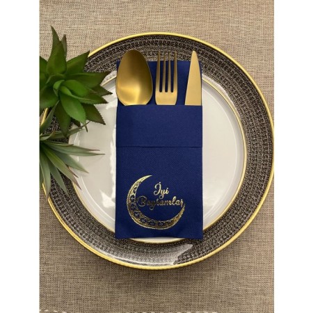 Gold Yaldızlı Lacivert Kumaş Dokulu İyi Bayramlar Cepli Peçete 6 Adet