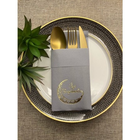 Gold Yaldızlı Gri Kumaş Hissi Dokulu İyi Bayramlar Cepli Peçete 6 Adet