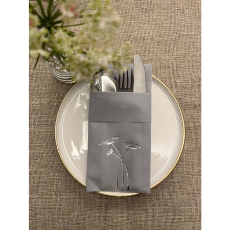 Gümüş Yaldızlı Gri Cepli Havuç Çiçeği Kumaş Dokulu Air Laid Peçete 6 Adet