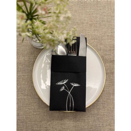 Gümüş Yaldızlı Siyah Cepli Havuç Çiçeği Kumaş Dokulu Air Laid Peçete 6 Adet