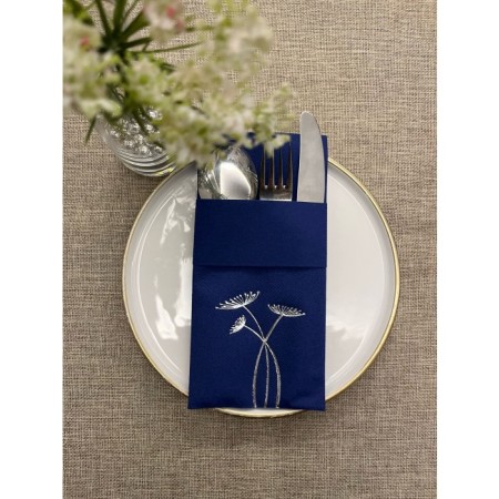 Gümüş Yaldızlı Lacivert Cepli Havuç Çiçeği Kumaş Dokulu Air Laid Peçete 6 Adet