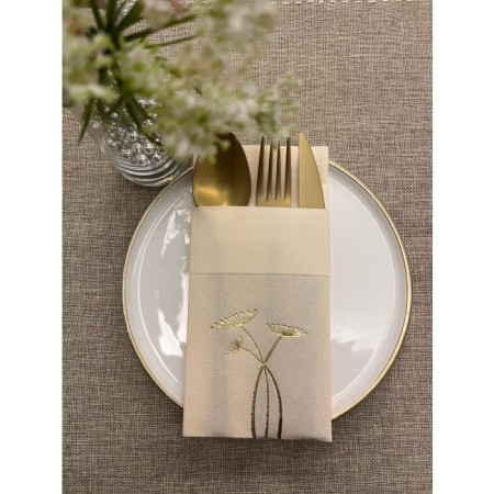 Gold Yaldızlı Krem Cepli Havuç Çiçeği Kumaş Dokulu Air Laid Peçete 6 Adet