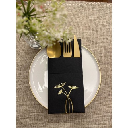 Gold Yaldızlı Siyah Cepli Havuç Çiçeği Kumaş Dokulu Air Laid Peçete 6 Adet
