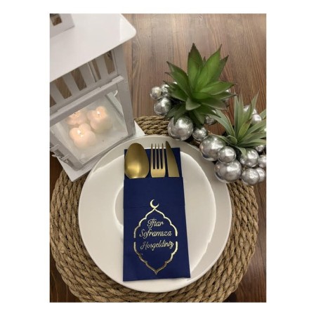 Gold Yaldızlı Lacivert Kumaş Dokulu İftar Soframıza Hoşgeldiniz Cepli Peçete 6 lı