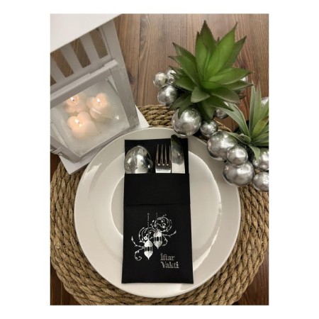 Gümüş Yaldızlı Kumaş Dokulu İftar Vakti Siyah Cepli Peçete 6 lı