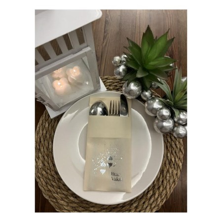 Gümüş Yaldızlı Kumaş Dokulu İftar Vakti Krem Cepli Peçete 6 lı