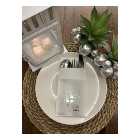 Gold Yaldızlı Beyaz Kumaş Dokulu İftar Vakti Cepli Peçete 6 Adet