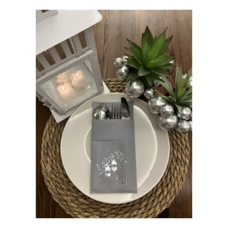 Gümüş Yaldızlı Kumaş Dokulu İftar Vakti Gri Cepli Peçete 6 lı