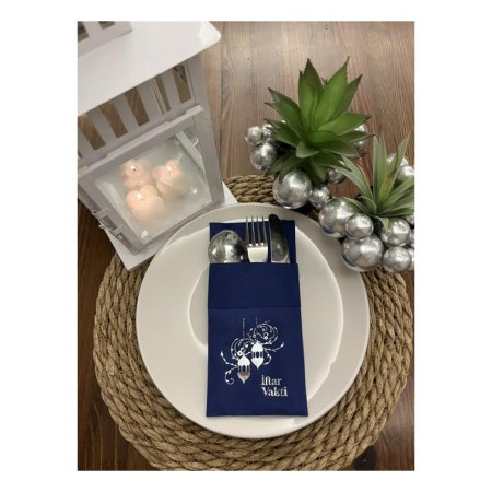 Gümüş Yaldızlı Kumaş Dokulu İftar Vakti Lacivert Cepli Peçete 6 lı