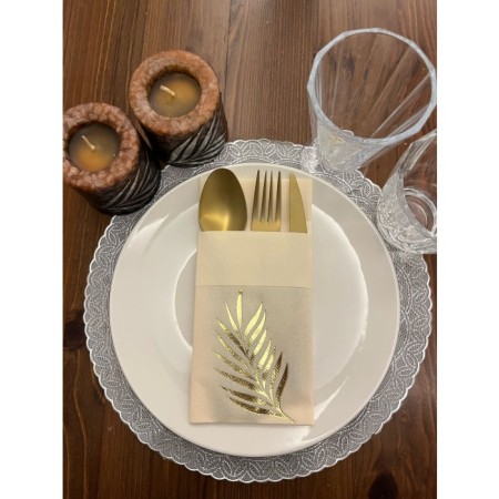 Gold Yaldızlı Kumaş Dokulu Air Laid Kanguru Yaprak Krem Cepli Peçete 6 lı