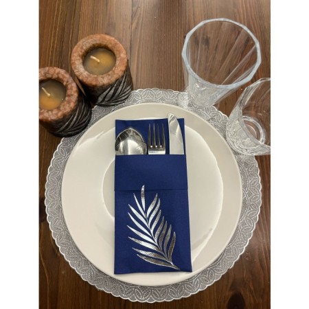 Gümüş Yaldızlı Kumaş Dokulu Air Laid Kanguru Yaprak Lacivert Cepli Peçete 6 lı