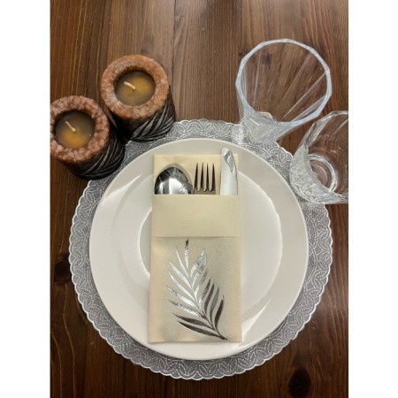 Gümüş Yaldızlı Kumaş Dokulu Air Laid Kanguru Yaprak Krem Cepli Peçete 6 lı