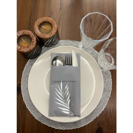 Gümüş Yaldızlı Kumaş Dokulu Air Laid Kanguru Yaprak Gri Cepli Peçete 6 lı