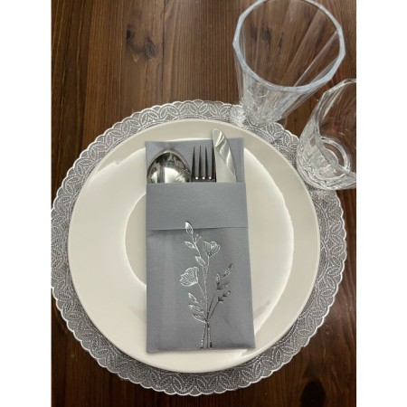 Gümüş Yaldızlı Kumaş Dokulu Air Laid Kanguru Gelincik Çiçeği Gri Cepli Peçete 6 lı