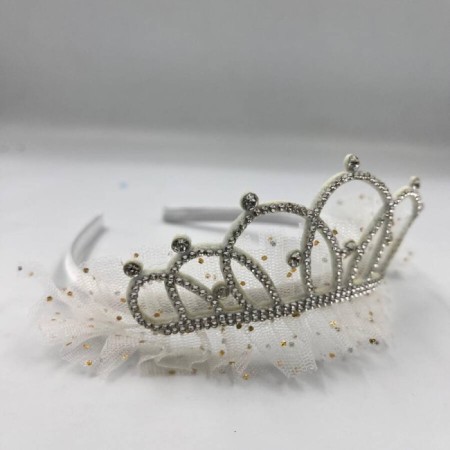 Prenses Tüllü Taşlı Taç Beyaz