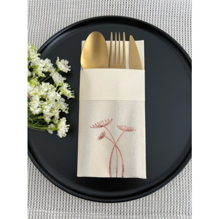 Rose Gold Yaldızlı Krem Cepli Havuç Çiçeği Kumaş Dokulu Air Laid Kanguru Peçete 6 Adet