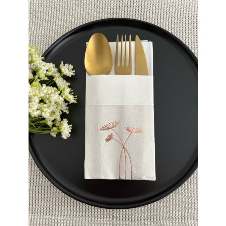 Rose Gold Yaldızlı Beyaz Cepli Havuç Çiçeği Peçete 12 Adet