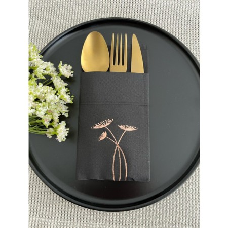 Rose Gold Yaldızlı Siyah Cepli Havuç Çiçeği Kağıt Peçete 12 Adet