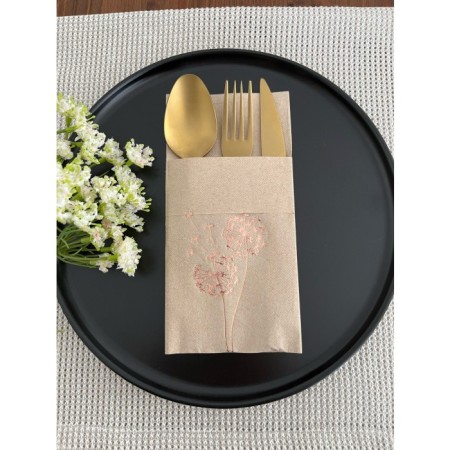 Rose Gold Yaldızlı Kraft Cepli Hindiba Çiçeği Peçete 12 Adet