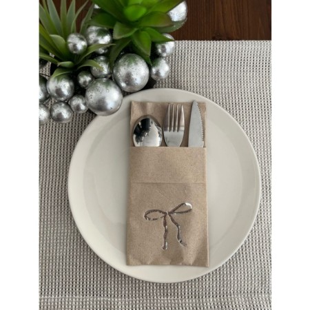 Gümüş Yaldızlı Kraft Cepli Fiyonk Peçete 12 Adet