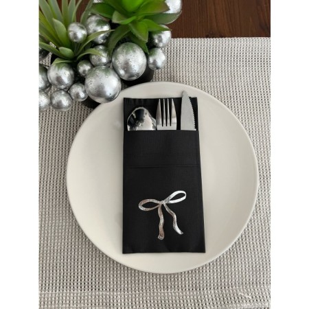 Gümüş Yaldızlı Siyah Cepli Fiyonk Peçete 12 Adet