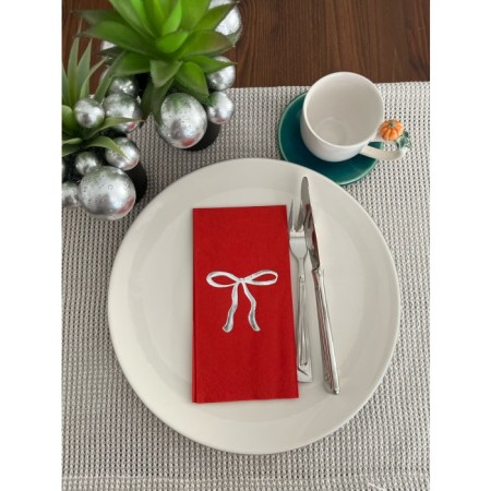 Gümüş Yaldızlı Kırmızı Fiyonk Baskılı Garson Katlama Peçete 16 Adet