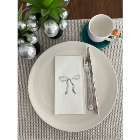 Gümüş Yaldızlı Beyaz Fiyonk Baskılı Garson Katlama Peçete 16 Adet