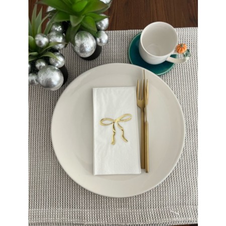 Gold Yaldızlı Beyaz Fiyonk Baskılı Garson Katlama Peçete 16 Adet