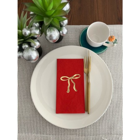 Gold Yaldızlı Kırmızı Fiyonk Baskılı Garson Katlama Peçete 16 Adet