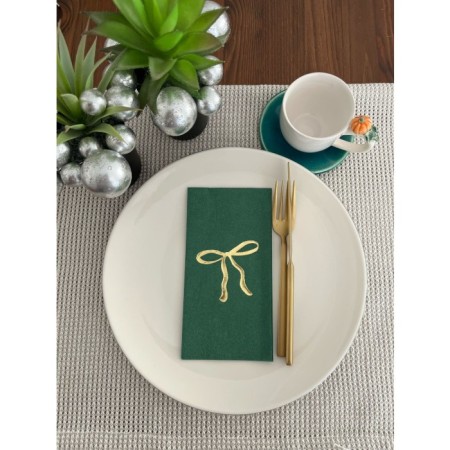 Gold Yaldızlı Yeşil Fiyonk Baskılı Garson Katlama Peçete 16 Adet