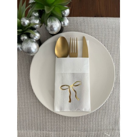 Gold Yaldızlı Beyaz Cepli Fiyonk Peçete 12 Adet