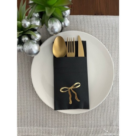 Gold Yaldızlı Siyah Cepli Fiyonk Peçete 12 Adet