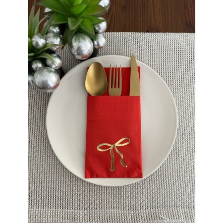 Gold Yaldızlı Kırmızı Cepli Fiyonk Peçete 12 Adet