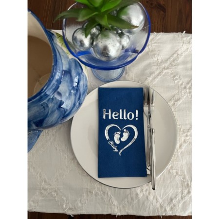 Gümüş Yaldızlı Bodrum Mavisi hello Baby Ayaklı Peçete 16 Adet