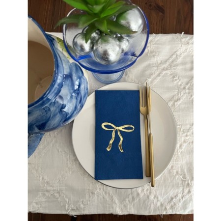 Gold Yaldızlı Bodrum Mavisi Fiyonk Baskılı Garson Katlama Peçete 16 Adet