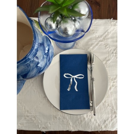 Gümüş Yaldızlı Bodrum Mavisi Fiyonk Baskılı Garson Katlama Peçete 16 Adet