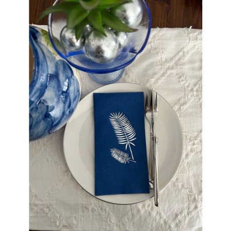 Gümüş Yaldızlı Bodrum Mavisi Palmiye Peçete 16 Adet