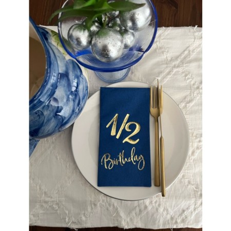 Gold Yaldızlı Bodrum Mavisi Yarım Yaş Bırthday Garson Katlama Peçete 16 Adet