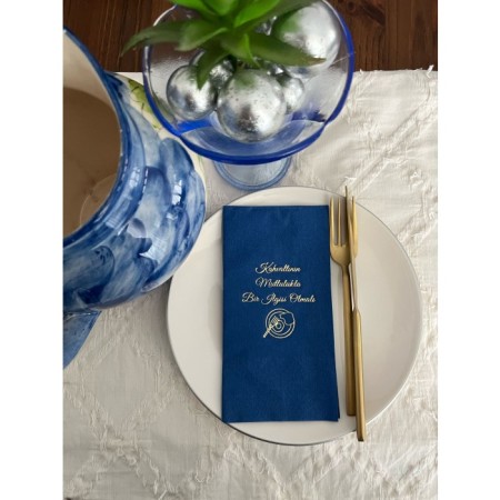 Gold Yaldızlı Bodrum Mavisi Kahvaltının Mutlulukla Bir İlgisi Olmalı Peçete 16 Adet