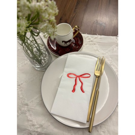 Kırmızı Yaldızlı Beyaz Fiyonk Baskılı Garson Katlama Peçete 16 Adet