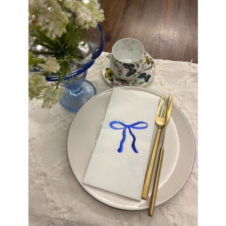 Mavi Yaldızlı Beyaz Fiyonk Baskılı Garson Katlama Peçete 16 Adet