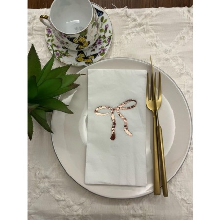 Rose Gold Yaldızlı Beyaz Fiyonk Baskılı Garson Katlama Peçete 16 Adet