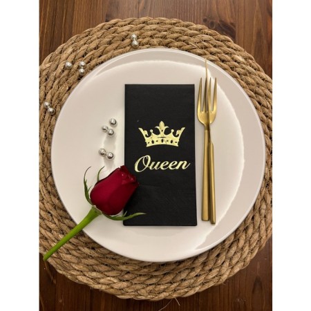 Gold Yaldızlı Siyah Queen Taç Detaylı Peçete 16 Adet