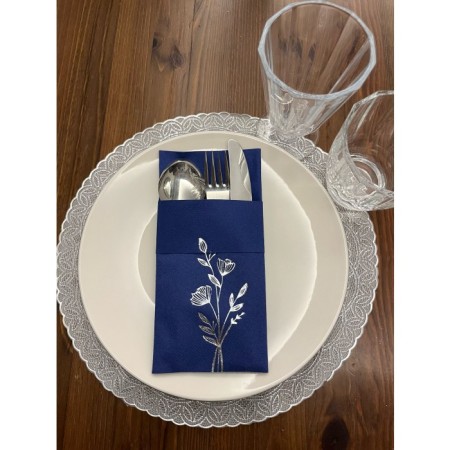 Gümüş Yaldızlı Kumaş Dokulu Air Laid Kanguru Gelincik Çiçeği Lacivert Cepli Peçete 6 lı