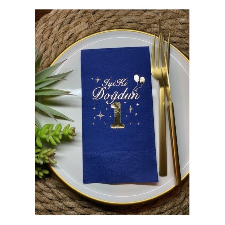 Gold Yaldızlı Lacivert Bir Yaş İyi Ki Doğdun Garson Katlama Peçete 16 lı